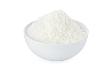 Coconut powder, coconut powder in white bowl, on white background (Tr- hindistan cevizi tozu)