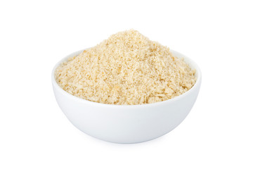 Almond powder, almond powder in white bowl, on white background (Tr- badem tozu)
