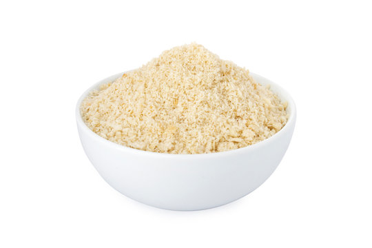 Almond powder, almond powder in white bowl, on white background (Tr- badem tozu)
