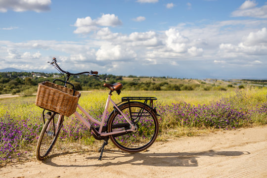 Pink bicycle with basket in a beautiful field full of flowers