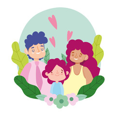 Mother father and daughter with leaves and flowers vector design