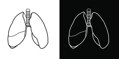 outline vector drawing of the human lungs. Illustration with simple lines in two versions - black on a white background and white on a black background. For design and creativity