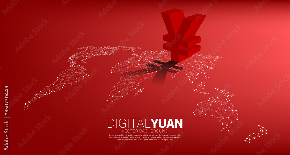 Poster vector money yuan currency icon 3d with shadow on world map dot line polygon. concept for china fina