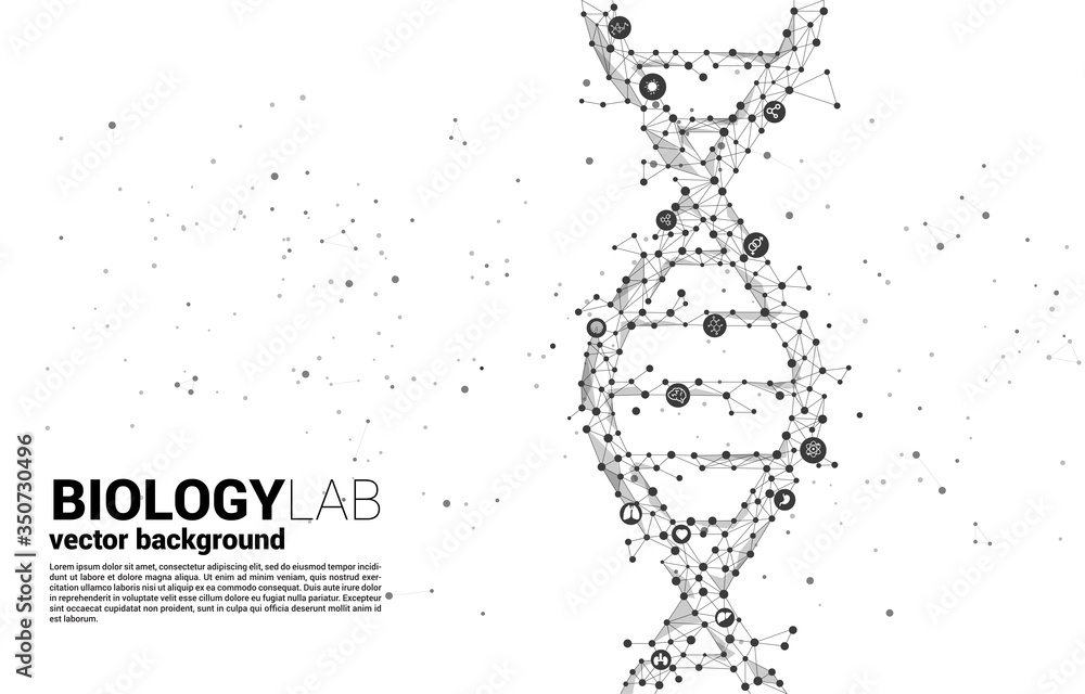 Poster vector dna genetic structure from dot connect line polygon with icon. background concept for biotech