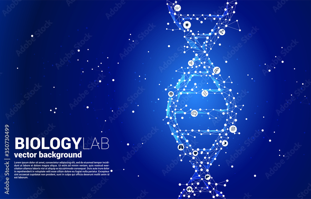 Poster vector dna genetic structure from dot connect line polygon with icon. background concept for biotech