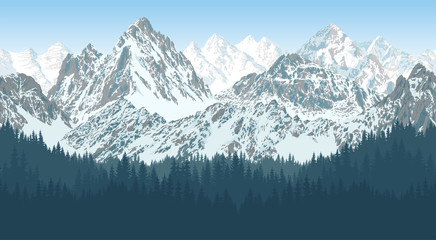 vector mountains range in forest - sealmess illustration - obrazy, fototapety, plakaty