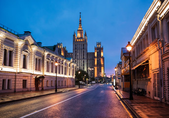 One of the Seven Sisters building at dusk in Moscow, Russia