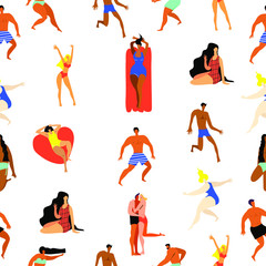 Seamless patterns with hand drawn textures. Men and women in different poses on the beach. Summer time. Flat cartoon vector illustration.Transparent background