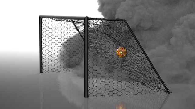 Orange-yellow Soccer Ball in the Goal Net under black-white lighting with dark toned foggy smoke background. 3D illustration. 3D CG. High resolution.