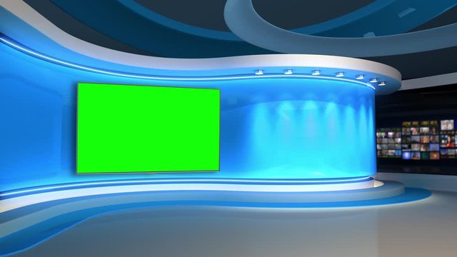 Tv studio. News room. Studio Background. Blue. Newsroom bakground. Control room. Backdrop for any green screen or chroma key video production. Blurred of studio at TV station. Loop. 3D rendering. 