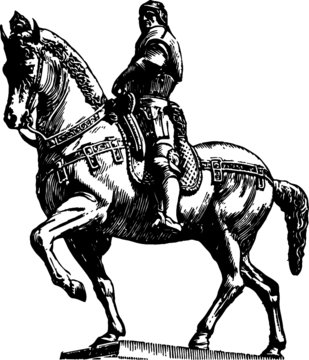 Old drawing of a Warrior On A Horse, Vector Sketch of a 19th century engraving