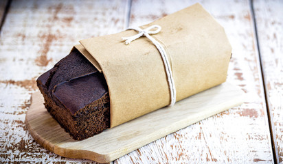 Fototapeta na wymiar vegan chocolate cake, made with dry biological yeast. Healthy homemade cake.