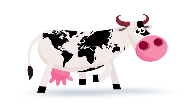 Cartoon spotty earth map cow character moves with mask &ndash; walking, eating, standing, walking one step.Seamless transitions with outline and alpha channel. Funny isolated useful animal animation.