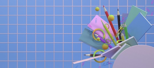 Back to school. Illustration on a blue mesh background. Copy space. School supplies: Notepad, book, pencil, paper clips and primitives in gradient. 3D illustration