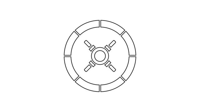 Black line Safe icon isolated on white background. The door safe a bank vault with a combination lock. Reliable Data Protection. 4K Video motion graphic animation