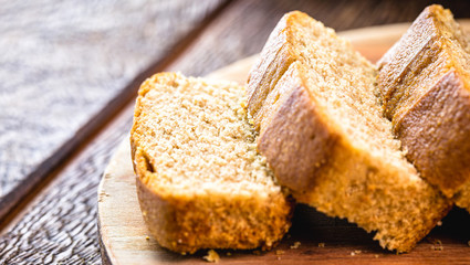 homemade sliced ​​vegan bread, without lactose or animal products. Banana flavor. Healthy vegetarian life concept.