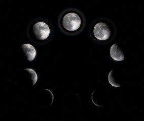 Moon Phases. Ten steps from full moon to new moon. High resolution and super detailed lunar phases.