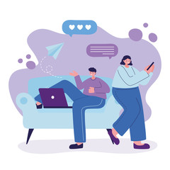 Woman and man on couch with smartphone chatting vector design