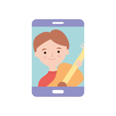 stay at home concept, smartphone with happy man with guitar on screen, flat style