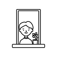 stay at home concept, window with man with cute plant icon, line style