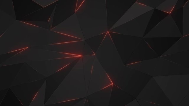 Abstract polygonal geometric surface. Elegant, smooth animation of a triangular polygon mesh with neon glow lines. Clean low poly motion background. 