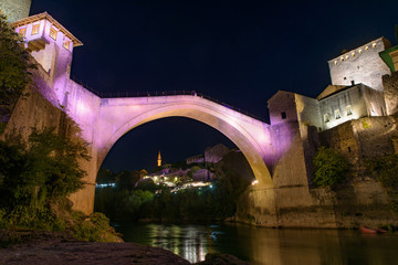 Mostar Bridge at night, an Ottoman bridge in Mostar, Bosnia and Herzegovina