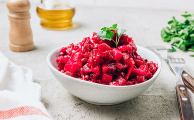 Beet salad. Russian beetroot salad with beetroot, potato, carrot, pea and oil dressing
