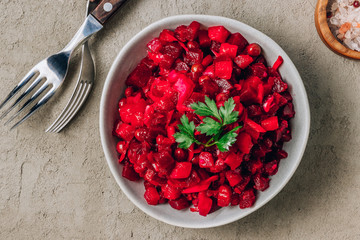 Beet salad. Russian beetroot salad with beetroot, potato, carrot, pea and oil dressing