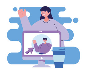 Woman and man with computer chatting vector design