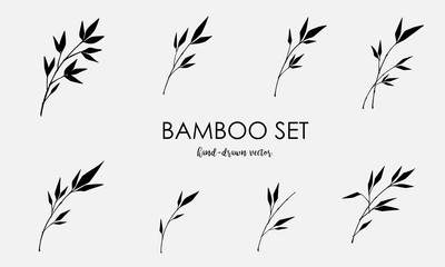 Bamboo vector elements set isolated on a light background. Black sign of bamboo in a flat style. Simple silhouettes bamboo forest, jungle or trees.
