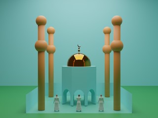 3D rendering, People spaced the distance from the visit to the mosque, New normal is social distancing and wearing mask after COVID-19 pandemic concept, 3D illustration