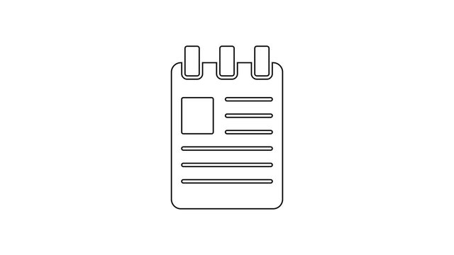Black line Notebook icon isolated on white background. Spiral notepad icon. School notebook. Writing pad. Diary for school. 4K Video motion graphic animation