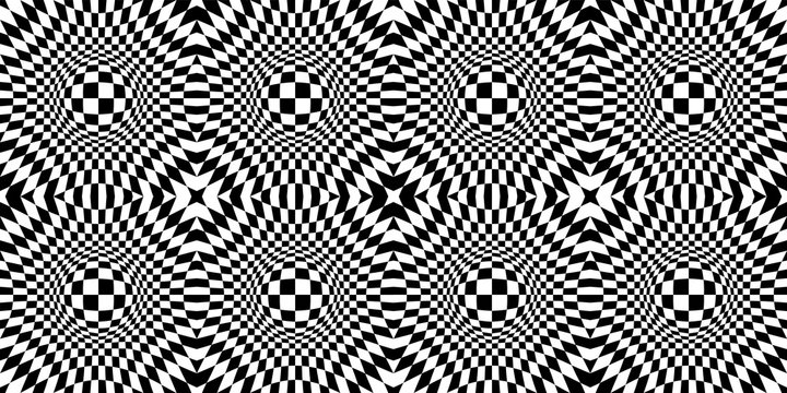 Abstract Optical Illusion. Chess board with psychedelic spherical volume. Contrasty Optical Psychedelic Illusion. Checkered seamless pattern with optical illusion of spherical volume. Animated hypnoti