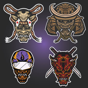 mascot samurai logo with bundle sets suitable for esport team logo design, t-shirt design, etc.