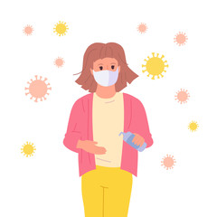 Masked girl uses an sanitizer, stop pandemic cartoon character kid. Coronavirus in air, save health, concept against pandemic covid 19. Isolated vector illustration