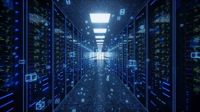 Flight through rack servers in computer data center with neural network connection. Concept of supercomputer. Digital information flows through networks. Mesh panels in a server room. 4K Animation 3d