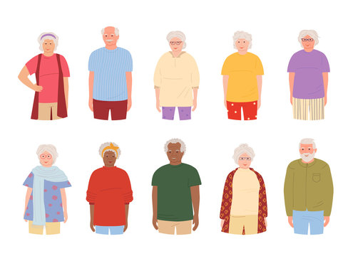 Old people, elderly group smiling, cartoon set. Grandparents different nations representatives elderly people in casual clothes. Older men, women retirement age. Isolated vector illustration