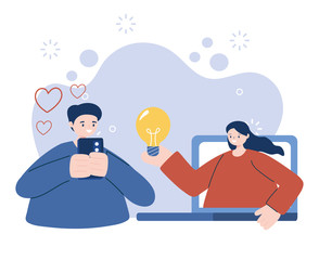 Woman and man with smartphone and laptop vector design