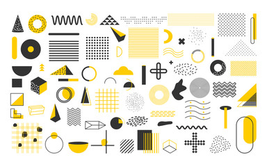 Set of yellow and black geometric shapes. Memphis design elements of retro style, funky 90s pattern. Trendy halftone for magazine, billboard, web poster, banner, leaflet. Isolated vector illustration