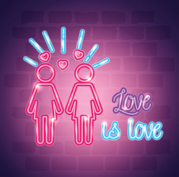 pride day neon light with label love is love vector illustration design