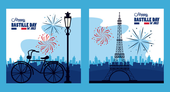 happy bastille day celebration with tower eiffel and fireworks