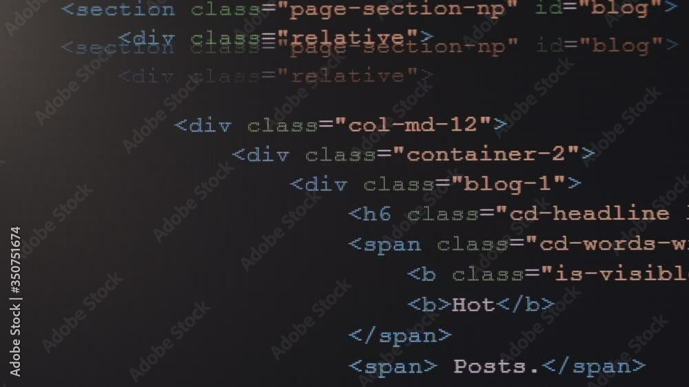 Aufkleber 4K Close up shot HTML tag code on PC Monitor scroll down. Background concept for programming and coding web development.