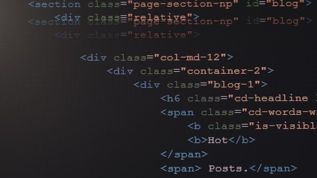 4K Close up shot HTML tag code on PC Monitor scroll down. Background concept for programming and coding web development.