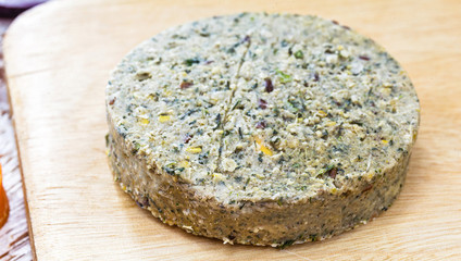 vegan hamburger, thawed. Healthy and vegetarian life concept. meatless snack based on soy and chickpeas with fresh vegetables.