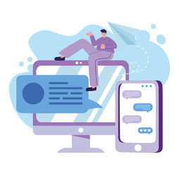 Man with smartphone and computer chatting vector design