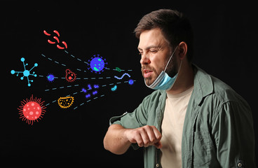 Coughing man on dark background. Concept of epidemic