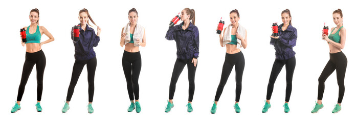 Set of young women with protein shakes on white background