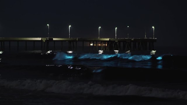 Bioluminescent Waves Crashing at Venice Beach in Los Angeles, California at Night in Slowmotion