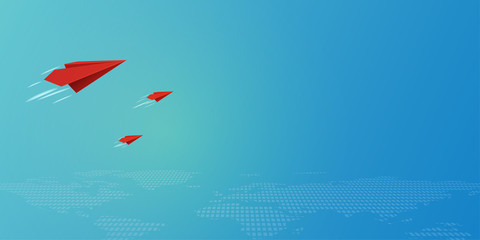 Red paper airplanes flying on blue sky and business teamwork concept.Vector illustration.