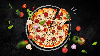 Pizza slices tasty  set tomato salami ham Delicious cheese oregano olives food mass restaurant 3d realistic basil onion